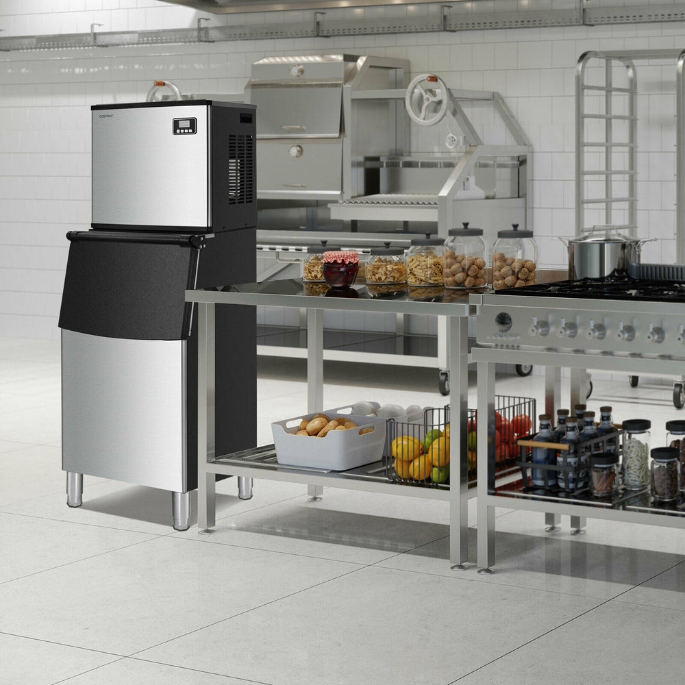 Split commercial ice maker producing 353 lbs of ice daily with 198 lbs storage bin, ideal for restaurants and bars.