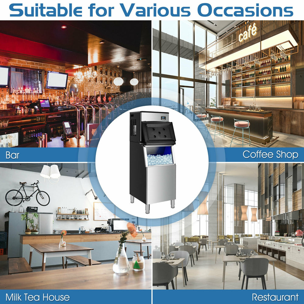 Split commercial ice maker producing 353 lbs of ice daily, ideal for coffee shops, bars, and restaurants.