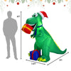 Inflatable 6ft Christmas dinosaur wearing a Santa hat, holding gifts, perfect for indoor and outdoor holiday decor.