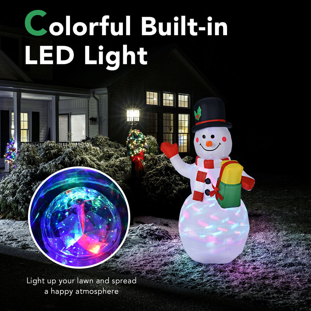 5-foot tall inflatable snowman with built-in colorful LED lights, perfect for festive outdoor decoration and holiday.