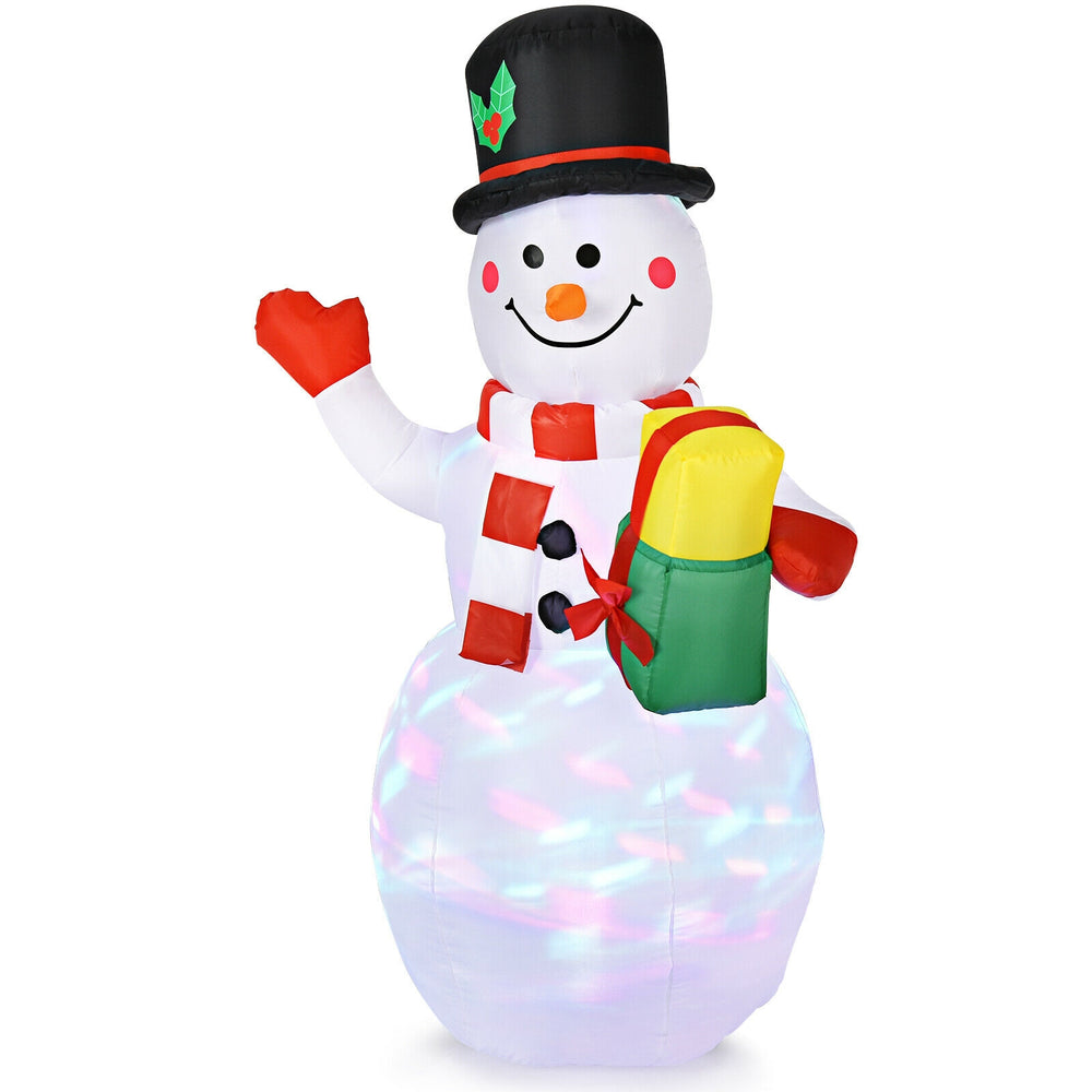 5-foot inflatable snowman waving with gifts, featuring colorful LED lights, perfect for adding festive charm to your.