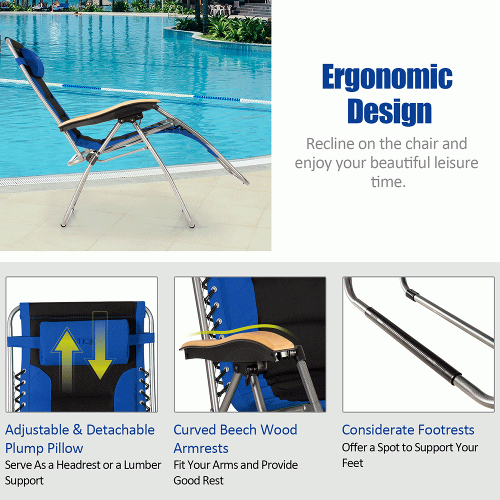 Oversize blue zero gravity lounge chair with adjustable reclining angle and padded seat for ultimate comfort outdoors.