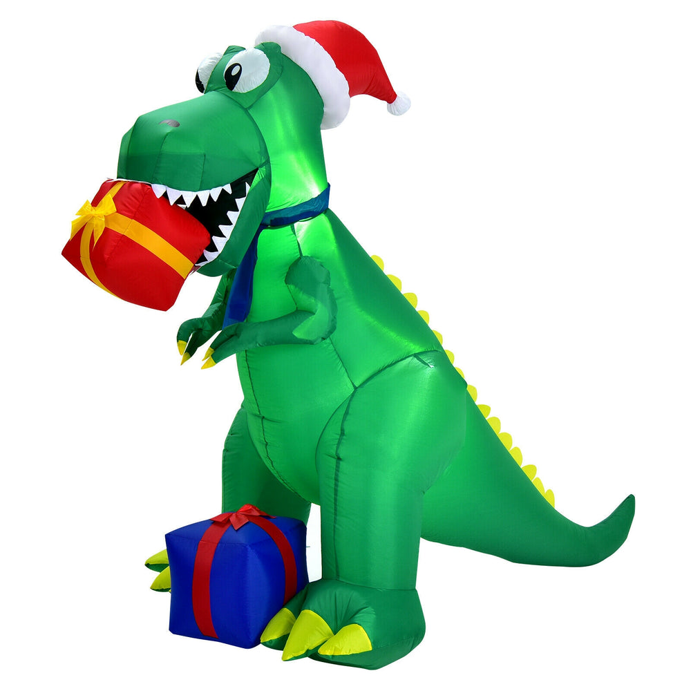 6-foot Christmas inflatable dinosaur holding gifts, made of waterproof polyester, ideal for indoor and outdoor.