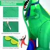 6-foot Christmas inflatable dinosaur made of waterproof polyester fabric, featuring LED lights and two inflatable gifts.