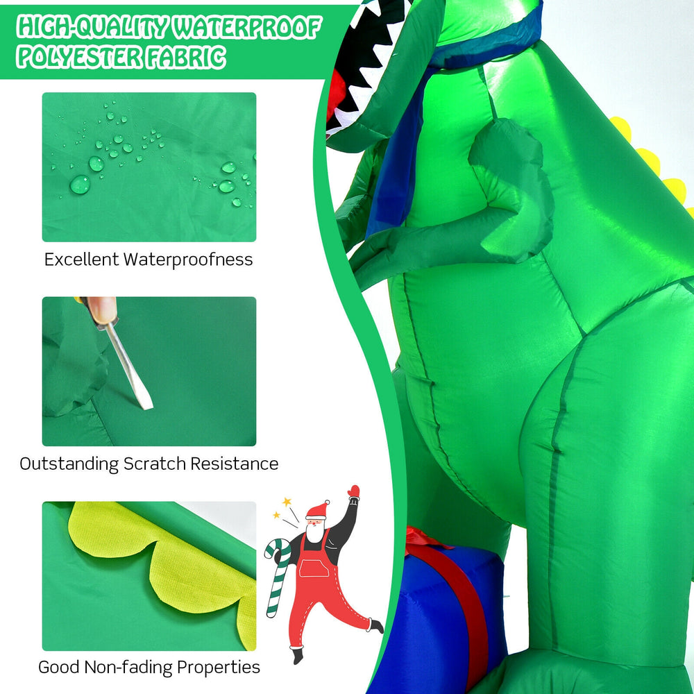 6-foot Christmas inflatable dinosaur made of waterproof polyester fabric, featuring LED lights and two inflatable gifts.