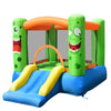 Colorful inflatable bounce house featuring a fun slide and tall mesh walls, providing a safe play area for kids.
