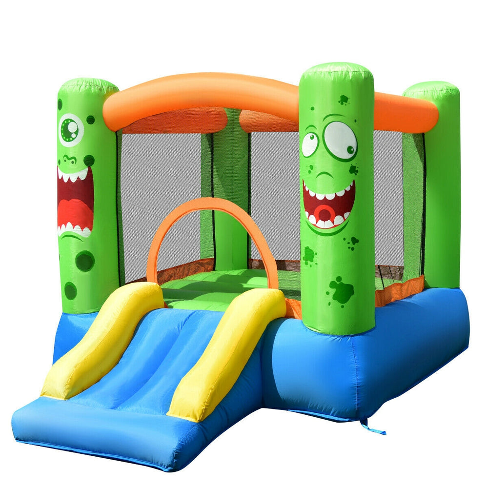 Colorful inflatable bounce house featuring a fun slide and tall mesh walls, providing a safe play area for kids.