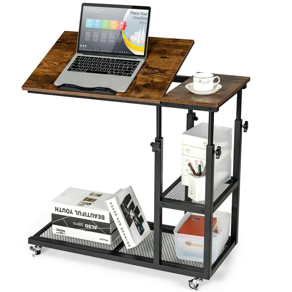 C-shaped adjustable bedside table in rustic brown with lockable wheels and 2-tier wire shelf for versatile use.