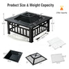 32-inch outdoor square fire pit table with BBQ grill, rain cover, and dimensions for versatile outdoor use.