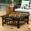 32-inch outdoor square fire pit table with BBQ grill, featuring a mesh cover and heat-resistant steel for backyard.