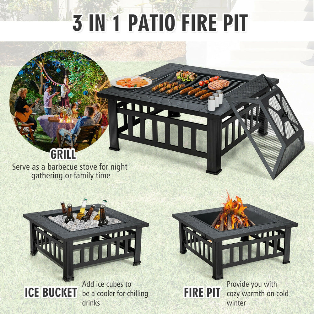 32-inch outdoor square fire pit table with BBQ grill and ice bucket, perfect for camping and backyard gatherings.
