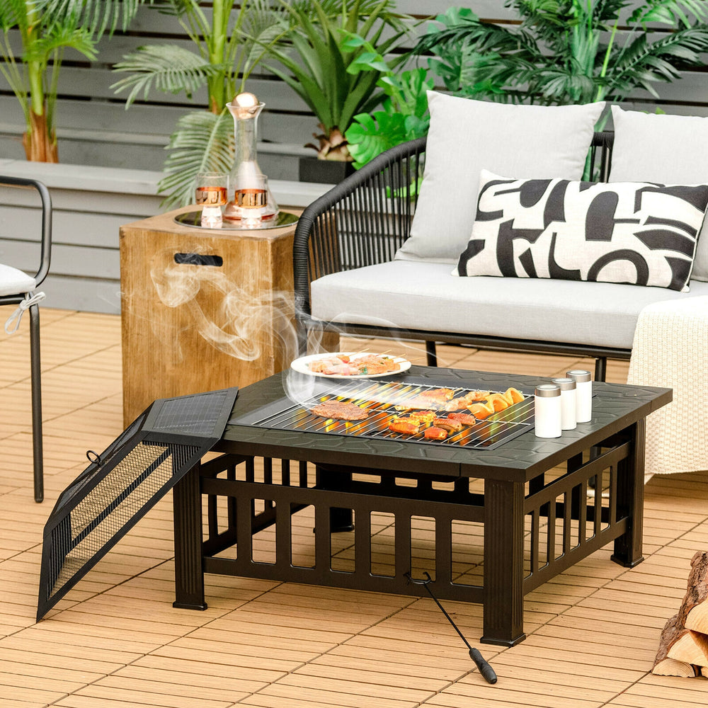32-inch outdoor square fire pit table with BBQ grill, featuring a heat-resistant design, perfect for backyard.