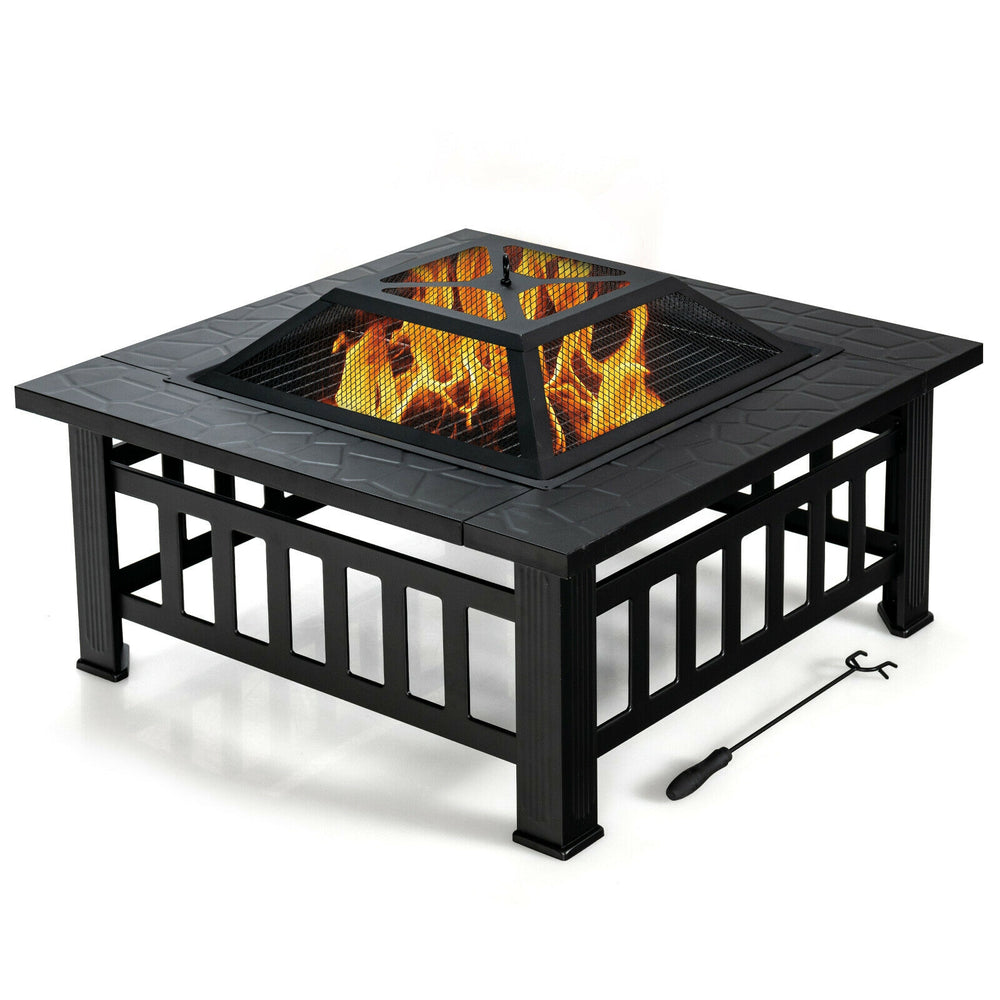 32-inch outdoor square fire pit table with BBQ grill, heat-resistant steel, and mesh cover for backyard gatherings.