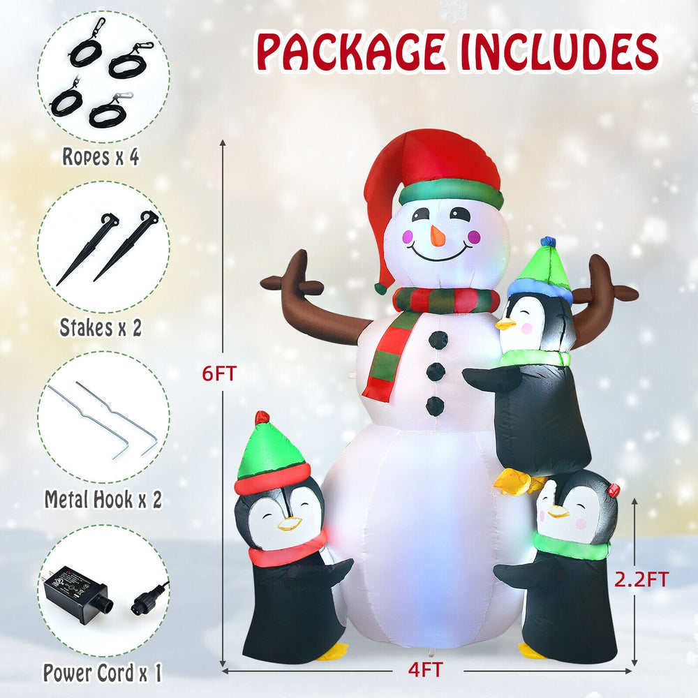 6ft inflatable Christmas snowman with penguins, waterproof fabric, bright lights, perfect for outdoor holiday.