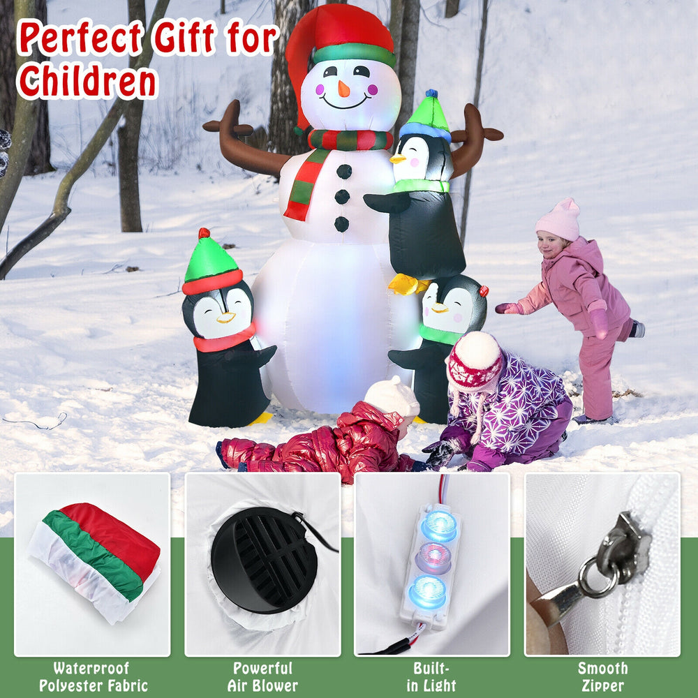 6ft inflatable Christmas snowman with penguins, made of waterproof polyester, perfect for festive outdoor decoration.