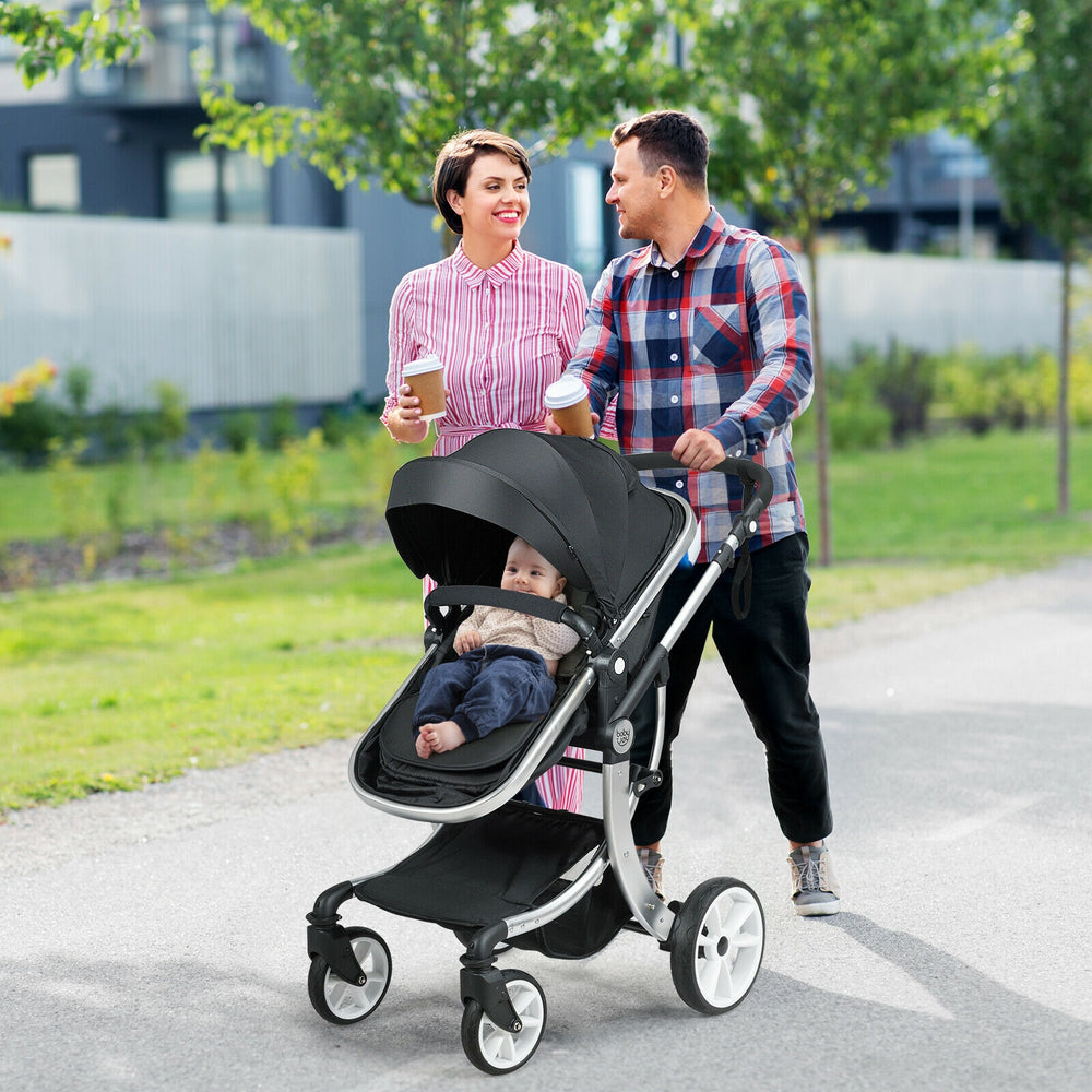 Folding Aluminum Infant Reversible Stroller with Diaper Bag-Black - Gallery View 1 of 10