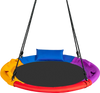 Multicolor 40-inch saucer swing with pillow and handles, designed for outdoor use, perfect for backyard fun.