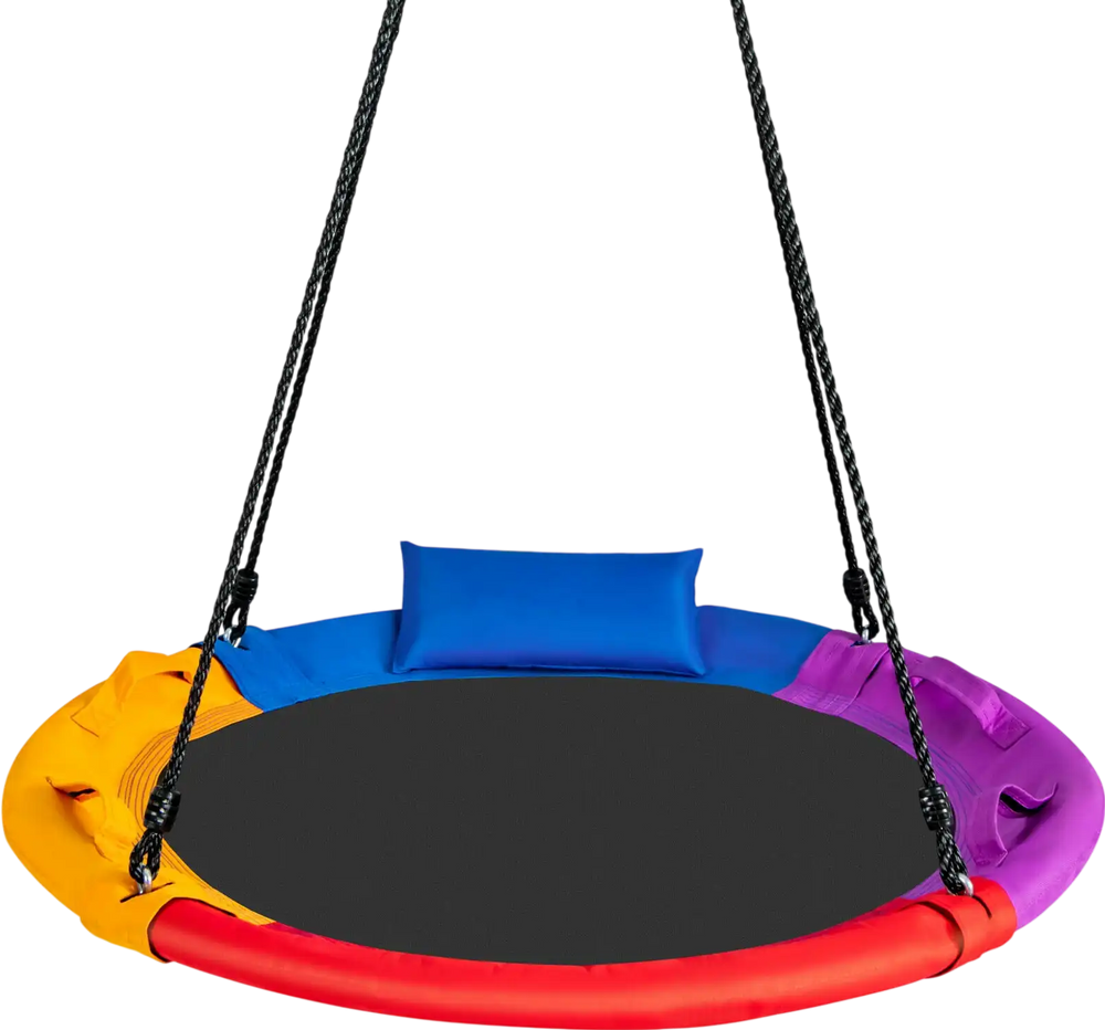 Multicolor 40-inch saucer swing with pillow and handles, designed for outdoor use, perfect for backyard fun.