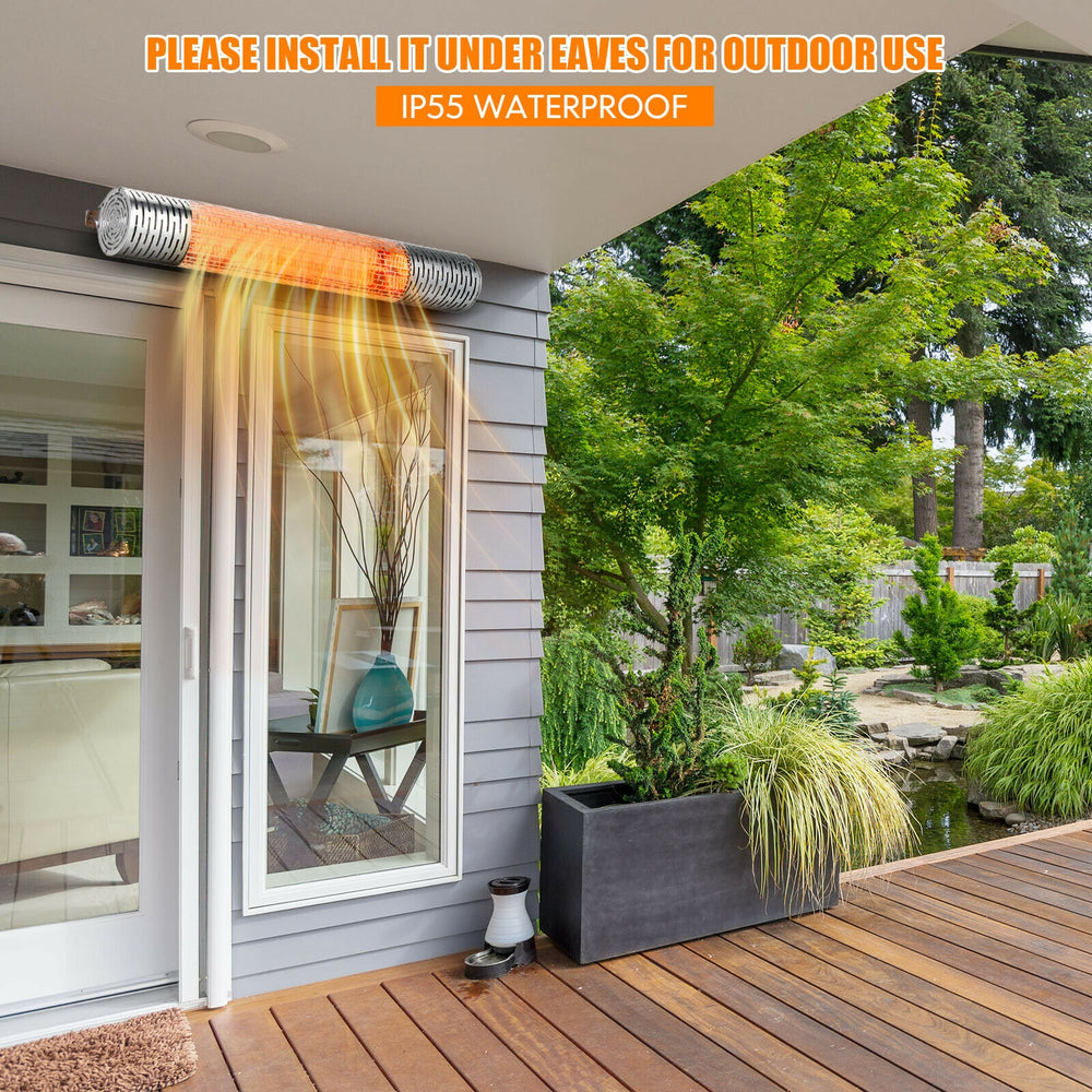 1500W electric infrared heater in silver, IP55 waterproof, ideal for outdoor use under eaves, featuring fast heating.
