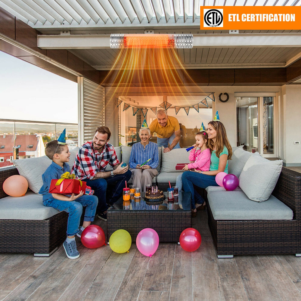 Indoor and outdoor electric heater with 1500W power setting, featuring fast heating and waterproof aluminum design.