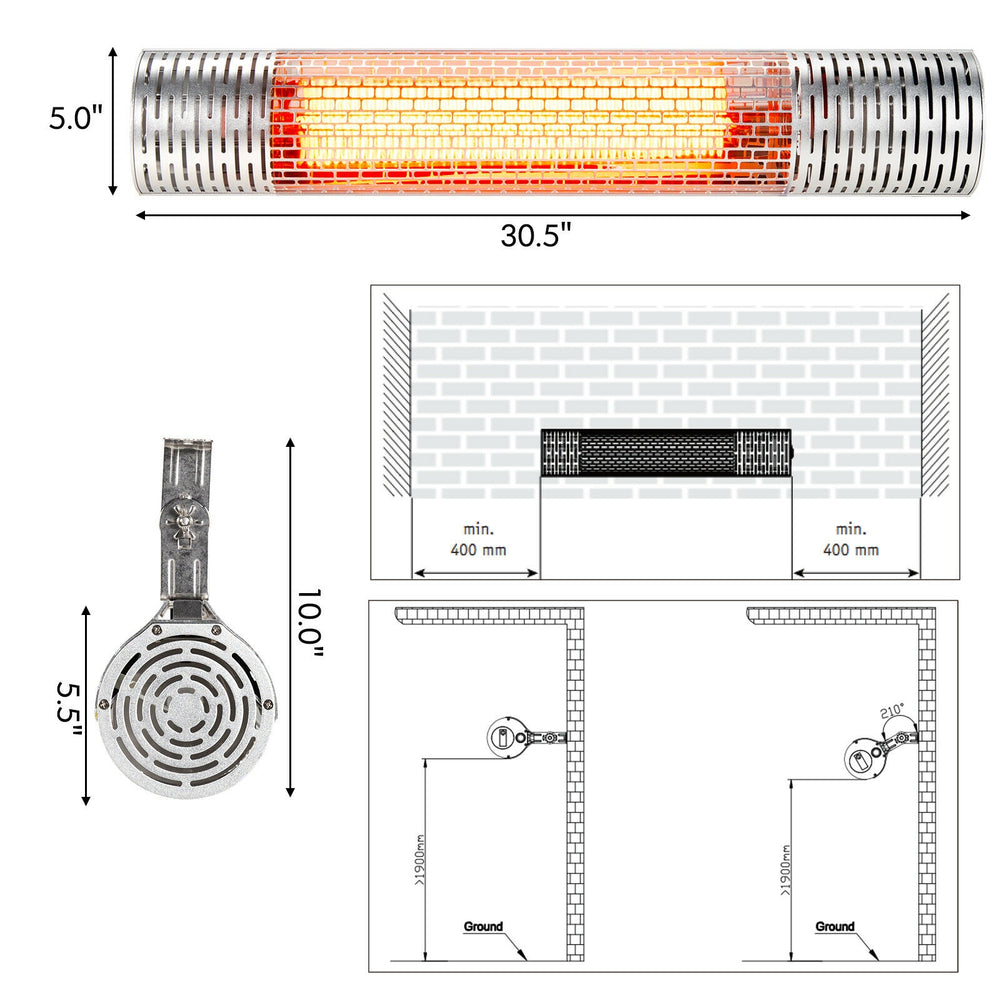 Infrared heater with carbon fiber tube, 1500W power, waterproof aluminum, ideal for indoor and outdoor use.