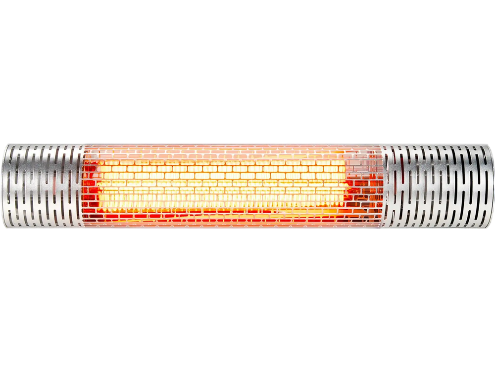 1500W electric infrared heater in silver with carbon fiber tube, featuring two power settings for indoor and outdoor.