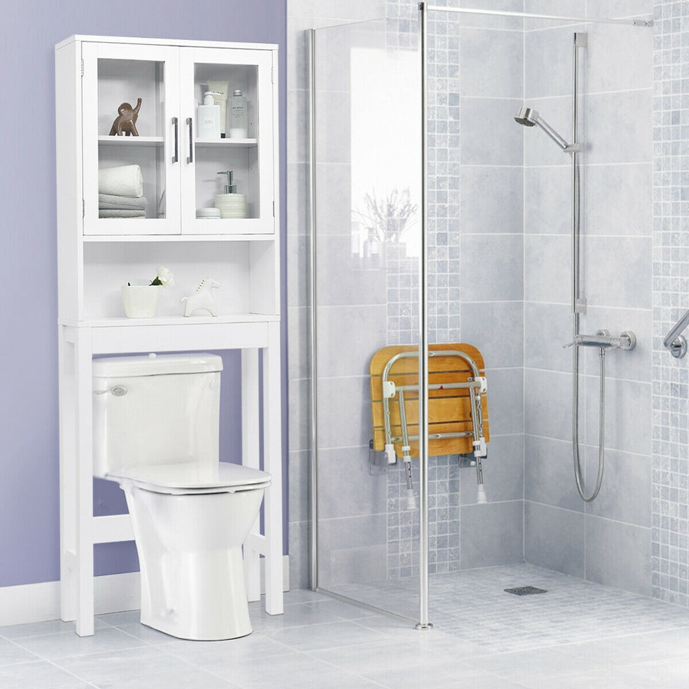 Over the toilet storage cabinet in pure white with tempered glass doors, ideal for organizing bathroom essentials.