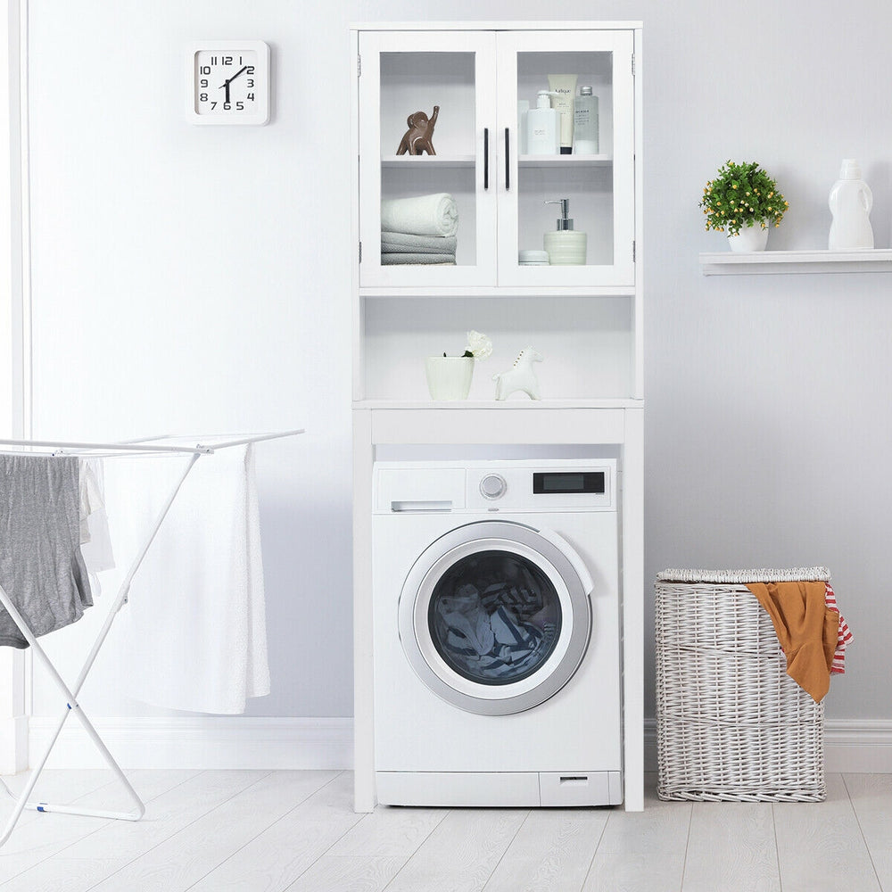 Over the toilet storage cabinet in white, featuring an open shelf for easy access to essentials and a sleek modern.