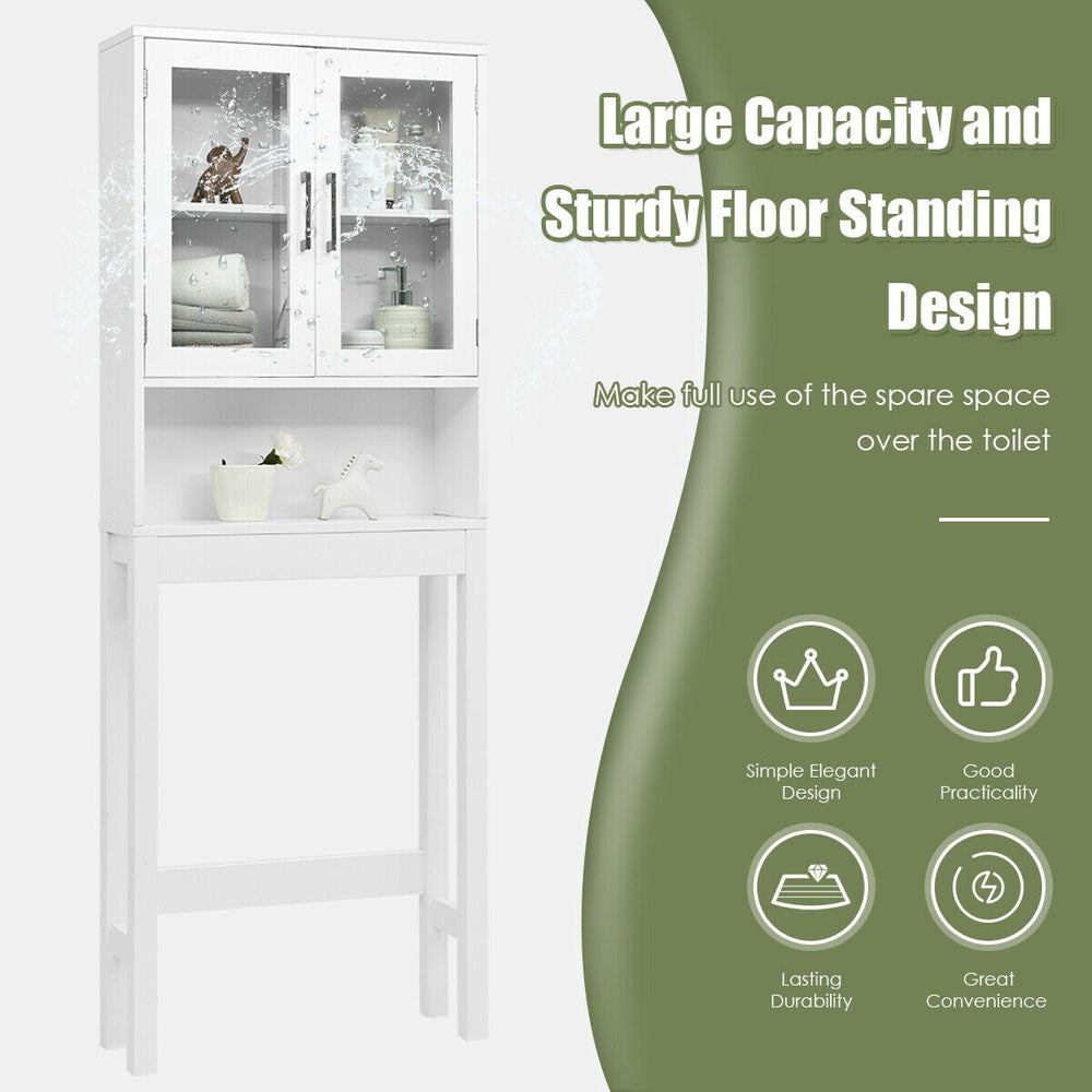Over the toilet storage cabinet in white with tempered glass doors, offering ample storage and modern design for.