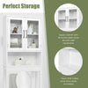 Over the toilet storage cabinet in white with tempered glass doors and adjustable shelves for organized bathroom.