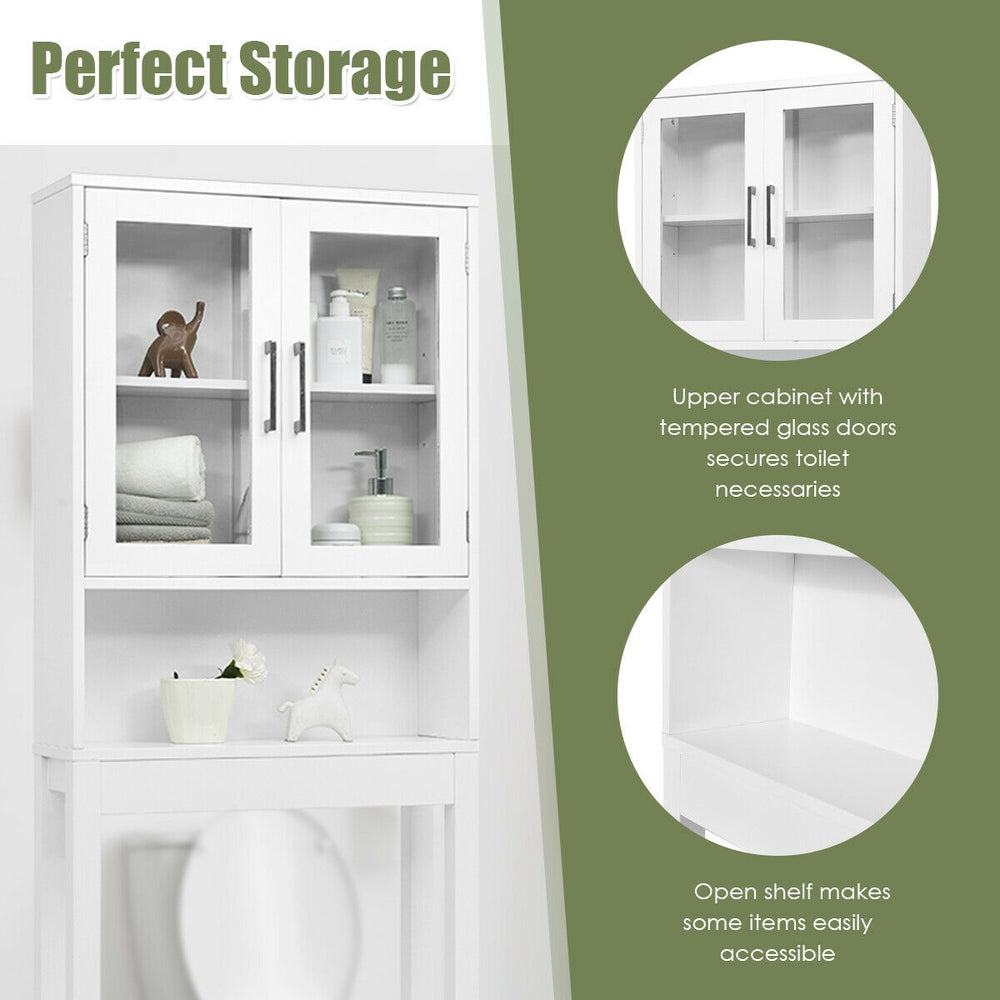 Over the toilet storage cabinet in white with tempered glass doors and adjustable shelves for organized bathroom.