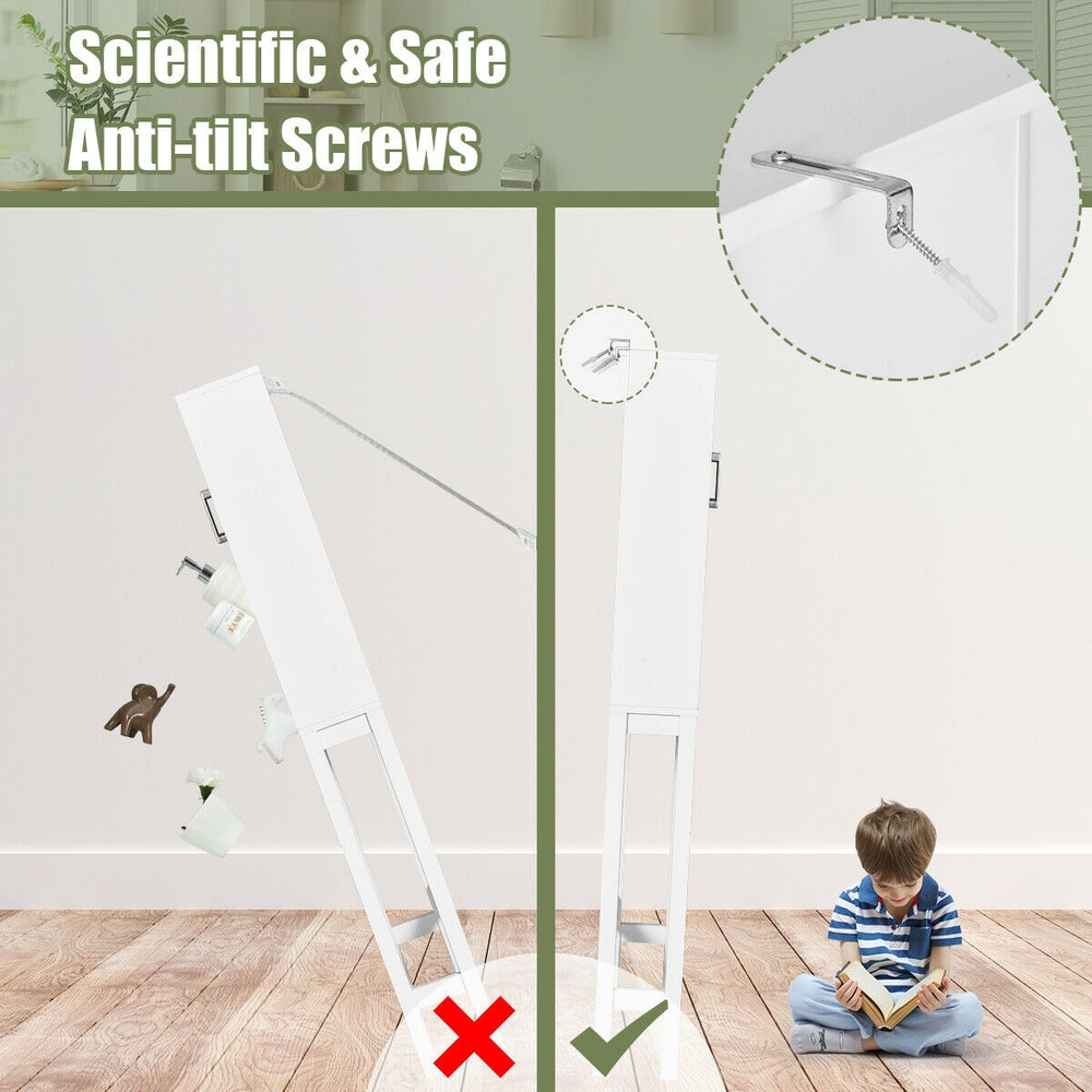 Over the toilet storage cabinet in white with tempered glass door and anti-tilting screws for enhanced stability.