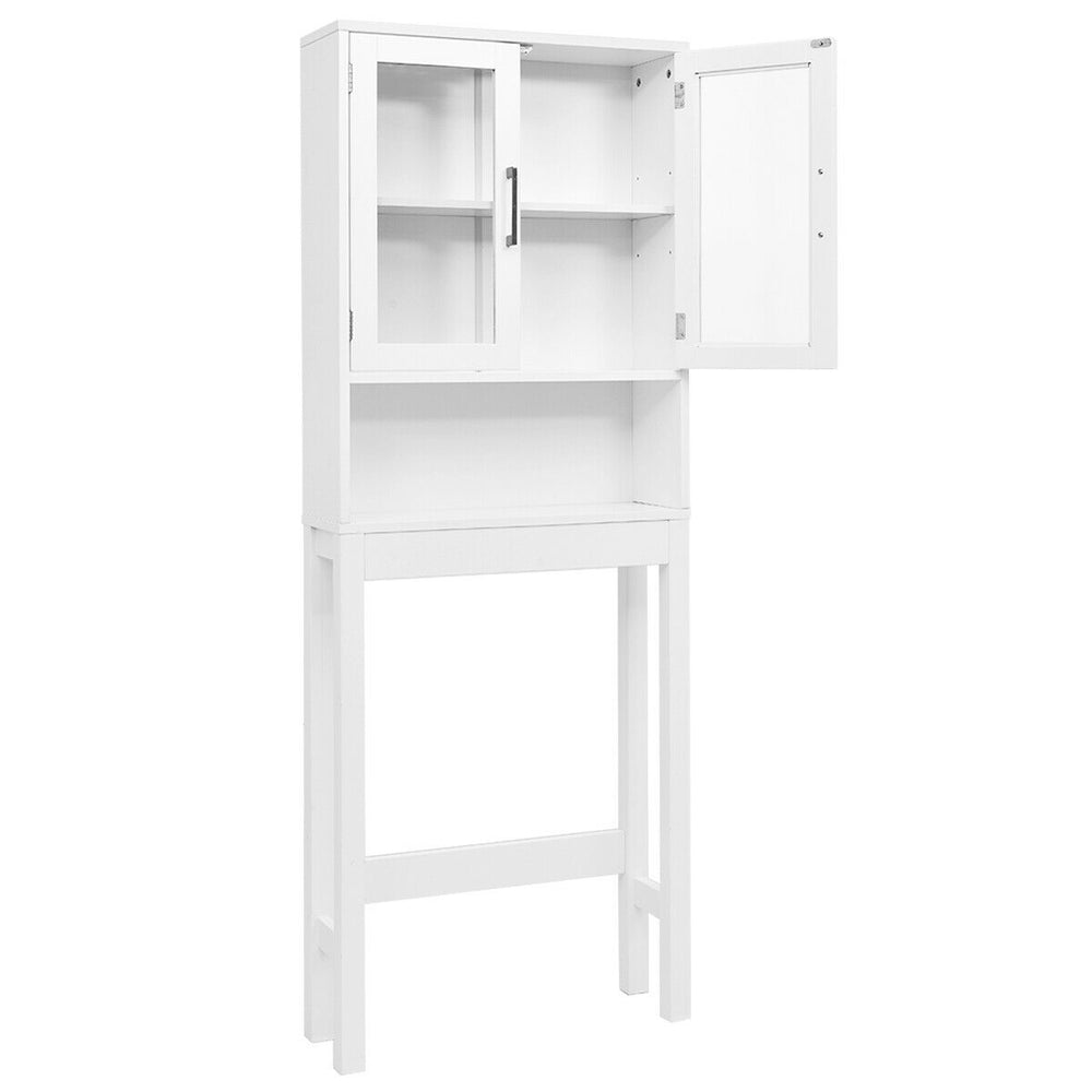 Over the toilet storage cabinet in white with open center shelf and adjustable upper cabinet for versatile bathroom.