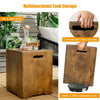Multifunctional tank storage with a classic wood finish, serving as a side table and hiding a 20-gallon propane tank.