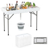 Portable 4-foot ice cooler folding table with large sink, featuring a sturdy metal frame and removable skirt for easy.
