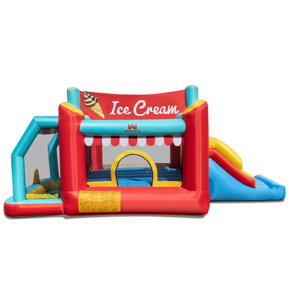 5-in-1 Ice Cream inflatable bounce house with slide and ball pit, featuring durable Oxford fabric for safe outdoor fun.