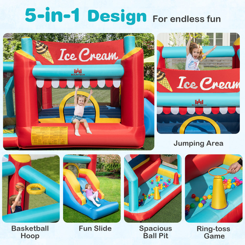 5-in-1 Ice Cream inflatable bounce house featuring a slide, ball pit, basketball hoop, and ring-toss game for kids' fun.