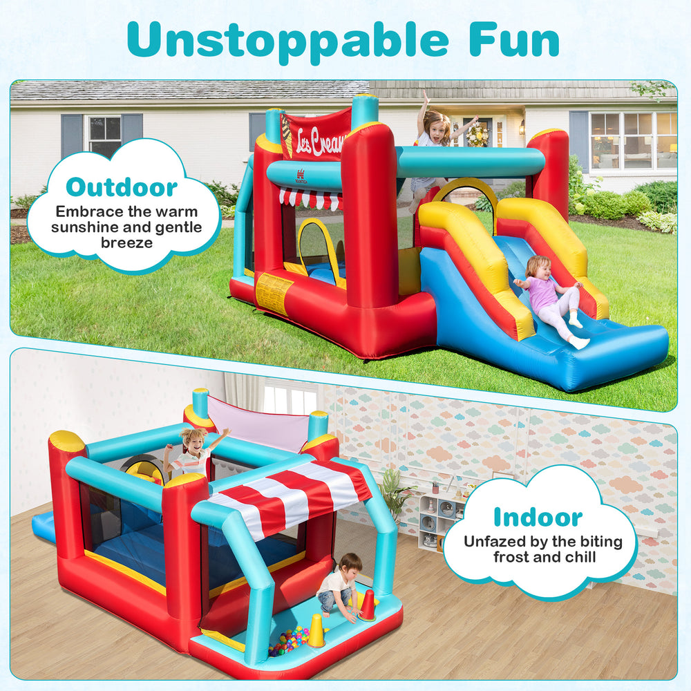 5-in-1 Ice Cream Inflatable Bounce House with slide and ball pit, perfect for outdoor fun and indoor play.