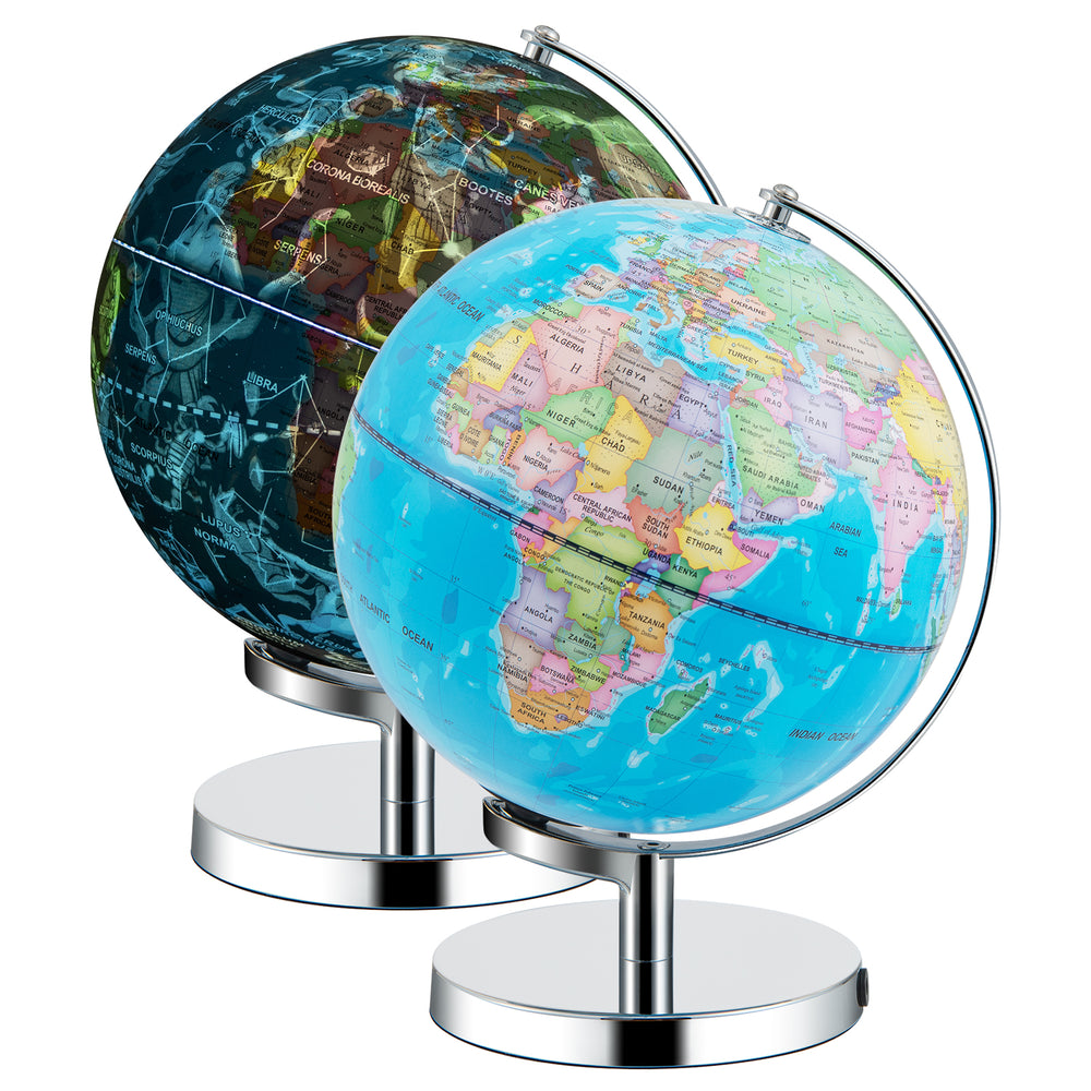Illuminated 3-in-1 world globe set showcasing geographical and constellation maps, ideal for learning and exploration.