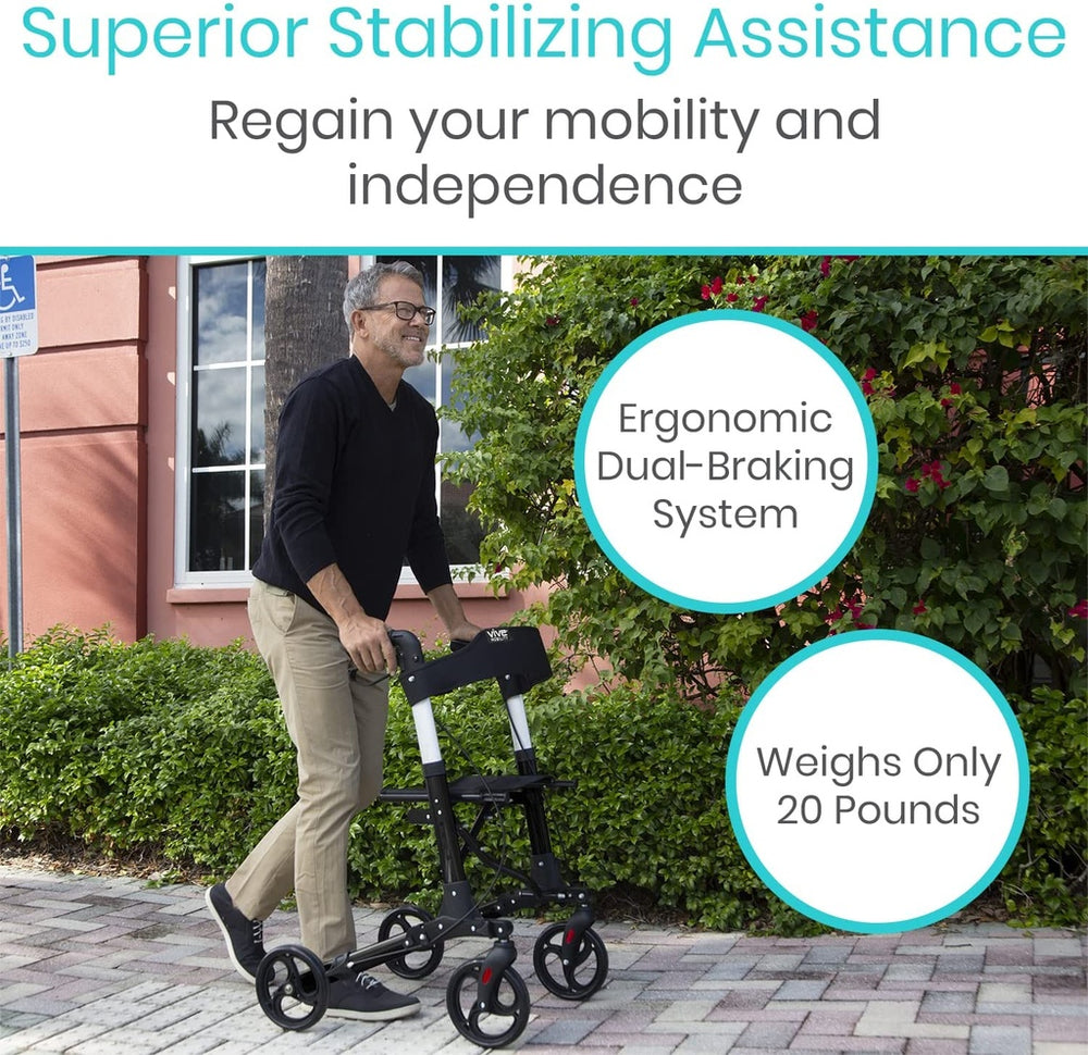 Vive Health MOB1010 SunStride Rollator Walker Upright 300 lbs. Capacity Foldable Lightweight New