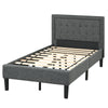 Twin size upholstered bed frame with button tufted headboard, solid slats, and breathable fabric for modern bedrooms.