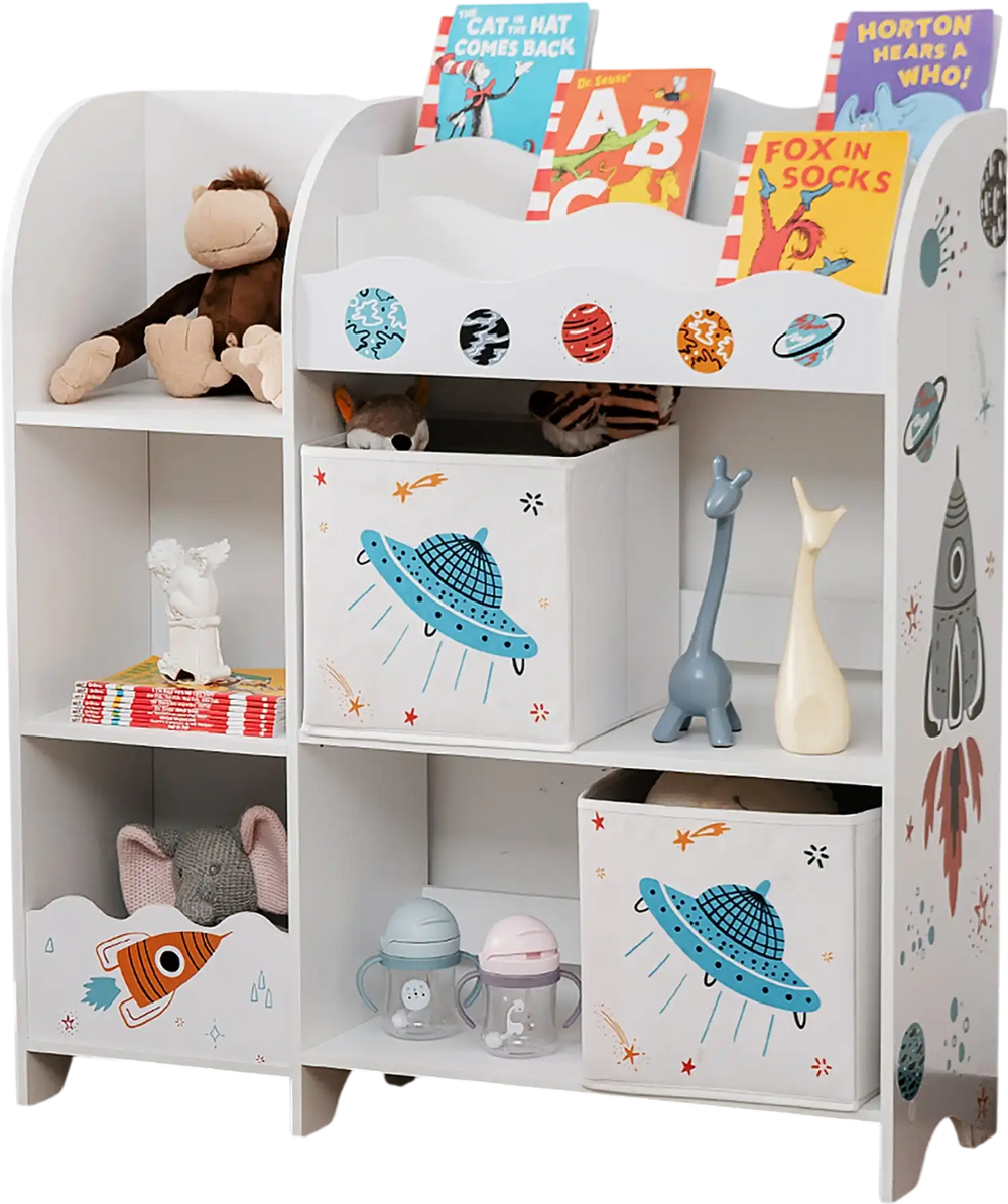 Kids toy and book organizer with 5 compartments and 2 cloth drawers, designed for safe and easy access in children's.