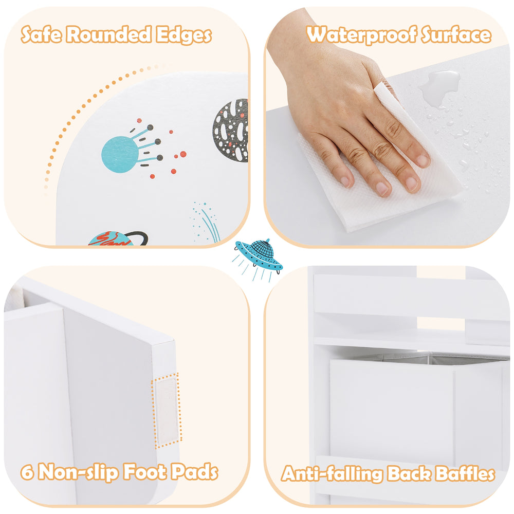 Kids toy and book organizer with rounded edges, waterproof surface, and non-slip foot pads for safety and stability.