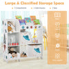 Kids toy and book organizer with 5 compartments, 2 cloth drawers, and 3 slots for versatile storage in a child's room.