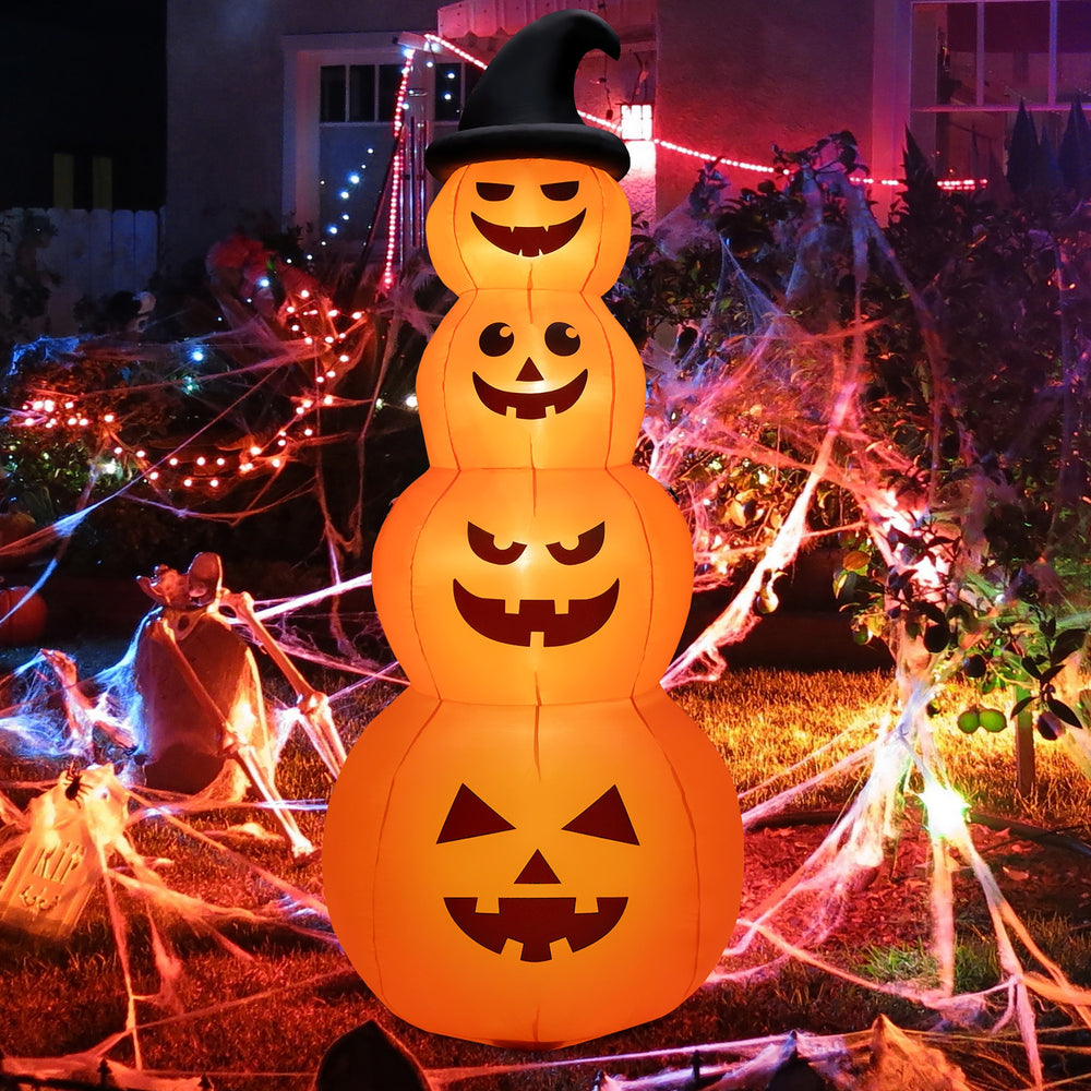 8 feet inflatable Halloween pumpkin stack with LED lights, perfect for yard decoration and nighttime ambiance.
