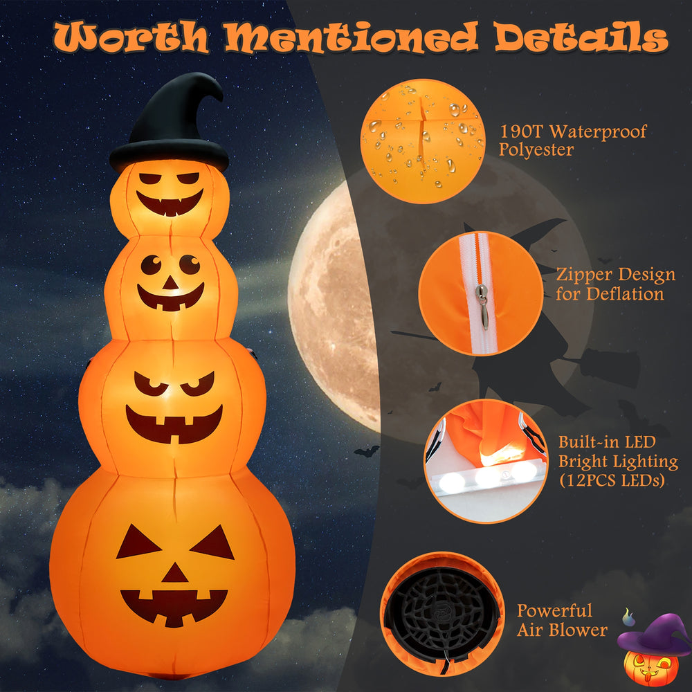 8 feet inflatable Halloween pumpkin stack with built-in LED lights, made of 190T waterproof polyester for outdoor.
