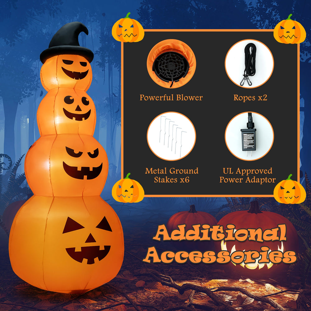 8 feet inflatable Halloween pumpkin stack with LED lights, made of durable polyester, perfect for yard decoration.