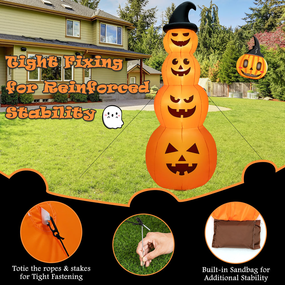 8-foot inflatable Halloween pumpkin stack with LED lights, featuring built-in stability sandbag and ropes for outdoor.