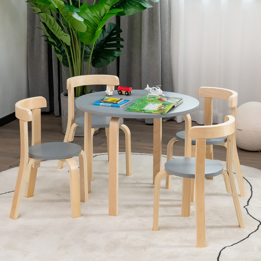 5-Piece Kids Wooden Curved Back Activity Table and Chair Set with Toy Bricks-Gray - Gallery View 1 of 11