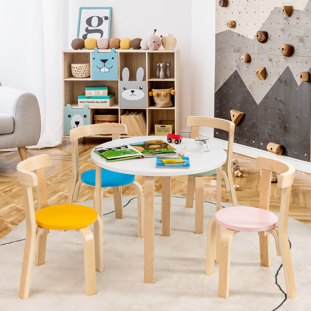 5-piece kids wooden activity table set with round table and colorful chairs, perfect for playrooms and safe for.